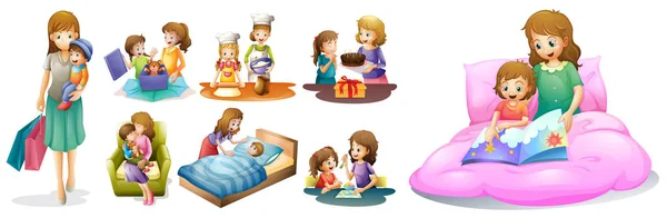 Mother and kids in different actions — Stock Vector