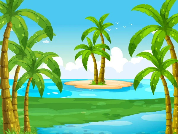 Escena oceánica con cocoteros en la isla — Vector de stock