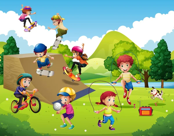 Kinder spielen verschiedene Sportarten im Park — Stockvektor