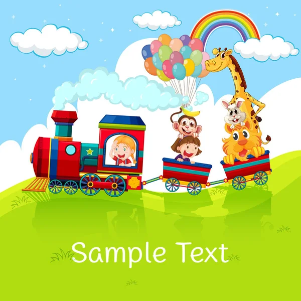 Crianças e animais em trem com amostra de texto na grama —  Vetores de Stock