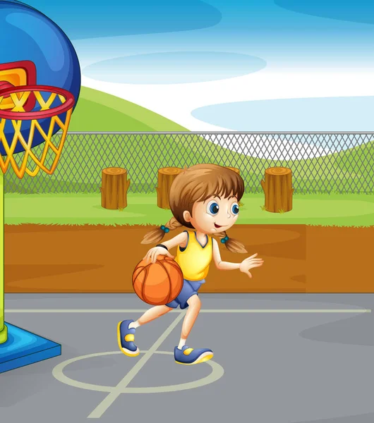 Chica jugando baloncesto en la cancha — Vector de stock