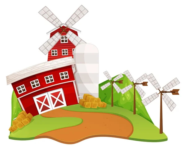Cena de fazenda com celeiro e moinho de vento — Vetor de Stock