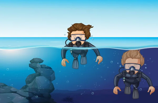 Twee mannen duiken in de Oceaan — Stockvector