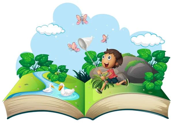 Little boy catching butterfly in the park — Stock Vector