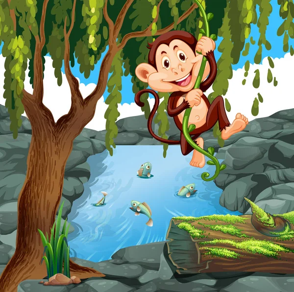 Mono trepando vid en bosque — Vector de stock
