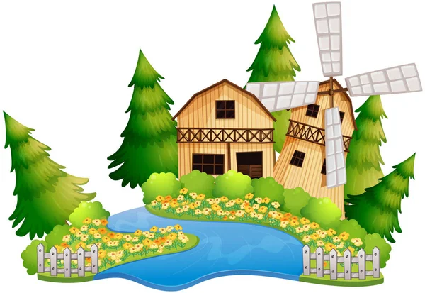 Scène de ferme avec grange au bord de la rivière — Image vectorielle