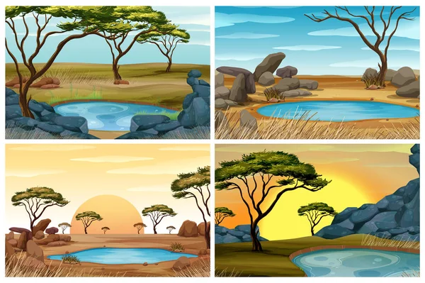 Cuatro escenas de campo de sabana con pozo de agua — Archivo Imágenes Vectoriales