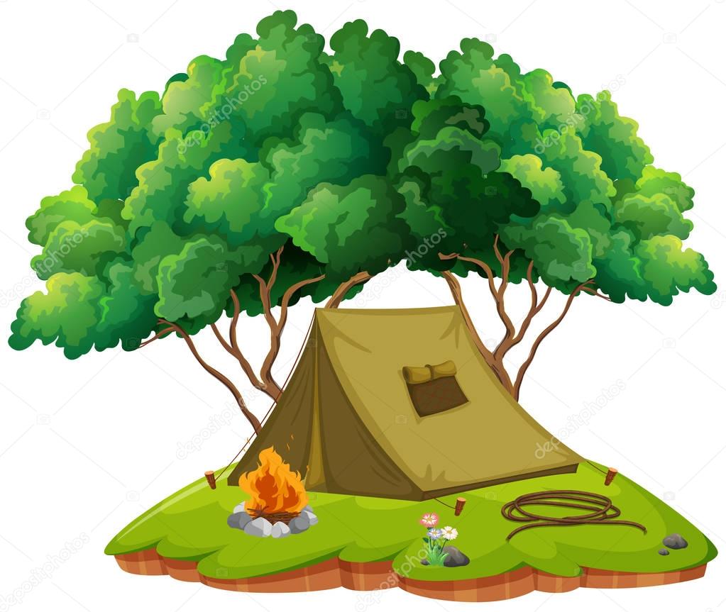 Camping ground with tent and campfire