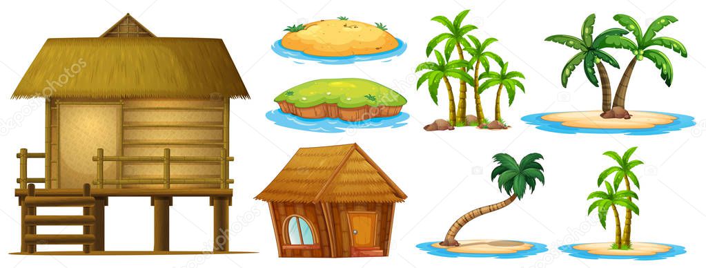 Summer set different shapes of island and hut