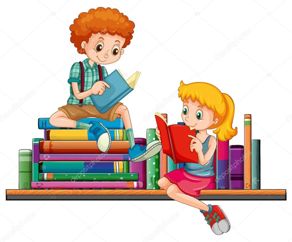Boy and girl reading books together