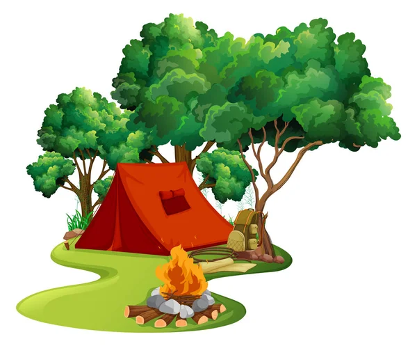 森の中で赤いテントとのシーン — ストックベクタ