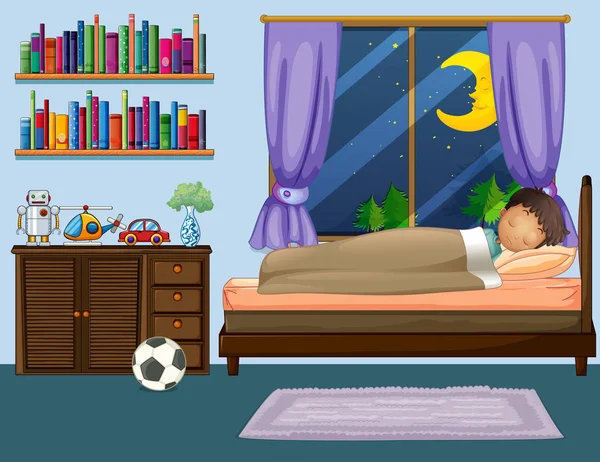 Jongen slapen in slaapkamer 's nachts — Stockvector