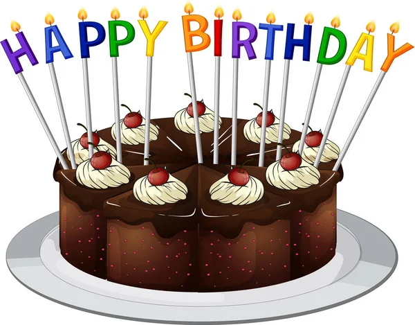 快乐的生日贺卡，巧克力蛋糕和蜡烛 — 图库矢量图片