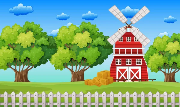 Cena de fazenda com moinho de vento no campo — Vetor de Stock