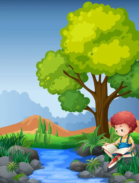 Little boy reading book by the river — Stock Vector