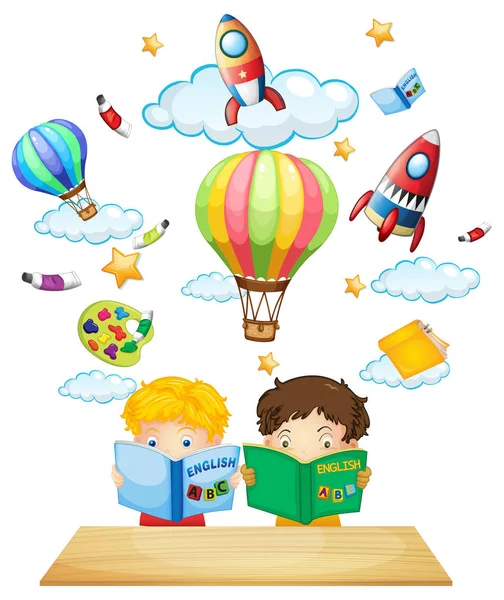 Two kids reading english books — Stock Vector