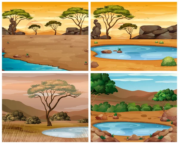 Czterech savanna sceny o różnych porach dnia — Wektor stockowy