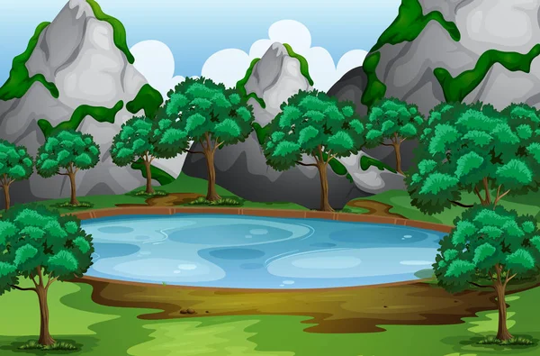 연못 주변의 나무와 숲 현장 — 스톡 벡터