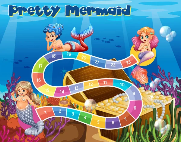 Boardgame template with mermaids underwater — Stock Vector