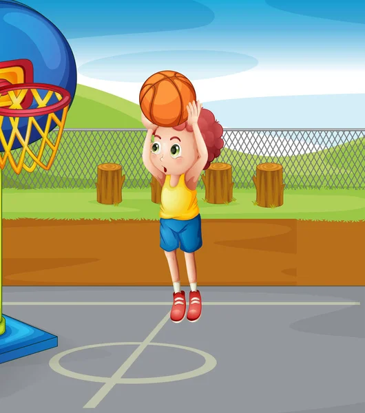 Niño disparando baloncesto — Vector de stock