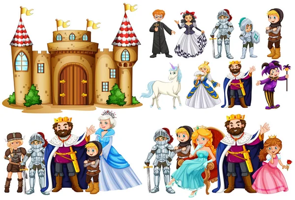Personnages de conte de fées et bâtiment du château — Image vectorielle