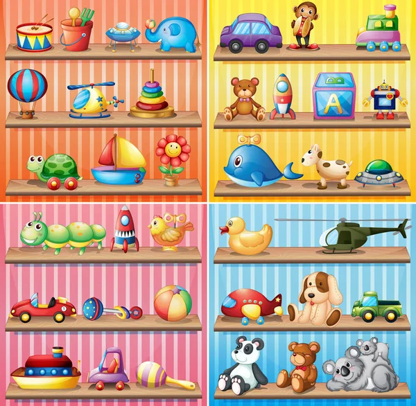 Different types of toys on the shelves — Stock Vector