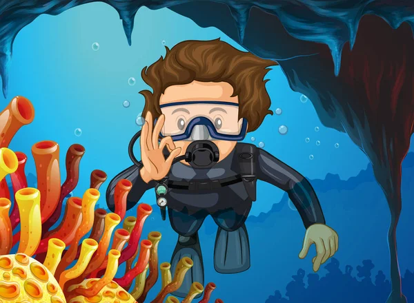 Man doing scuba diving under the ocean — Stock Vector