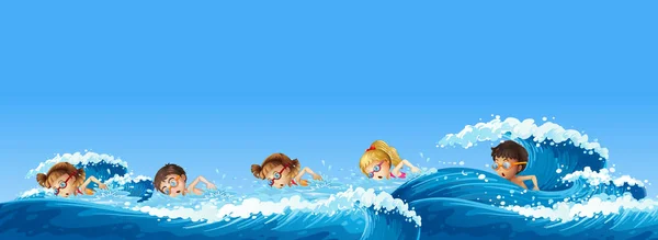 Beaucoup d'enfants nagent dans l'océan — Image vectorielle