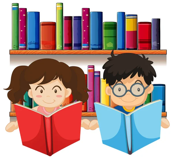 Niño y niña leyendo libros — Vector de stock