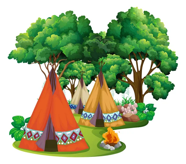 Kızılderili çadırları ve kamp ateşi ile kamp sitesi — Stok Vektör
