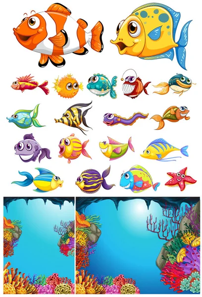 Escena oceánica y muchos animales marinos — Vector de stock