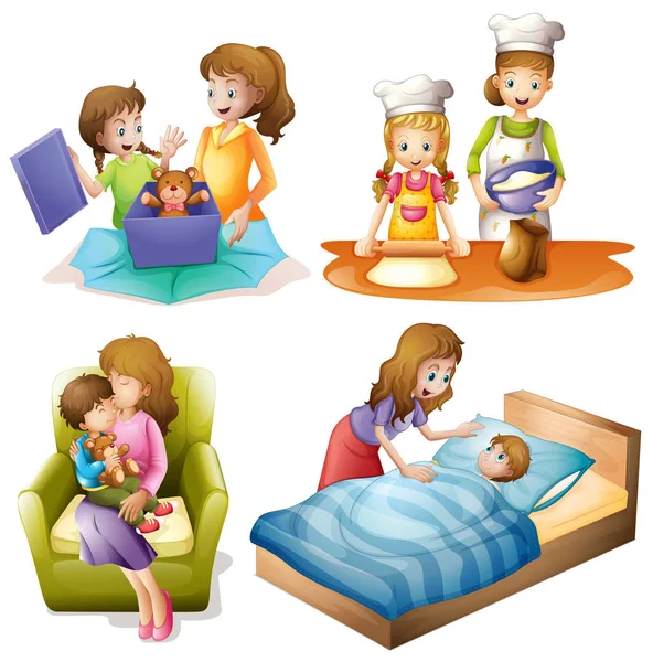 Mère et enfant faisant différentes activités — Image vectorielle