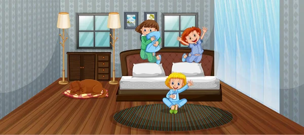 Tre barn har roligt i sovrum — Stock vektor