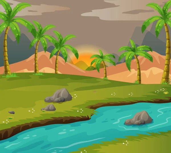 Scen med kokospalmer längs floden — Stock vektor
