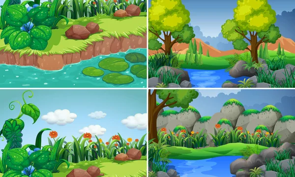 Čtyři scény s řekou a stromy — Stockový vektor