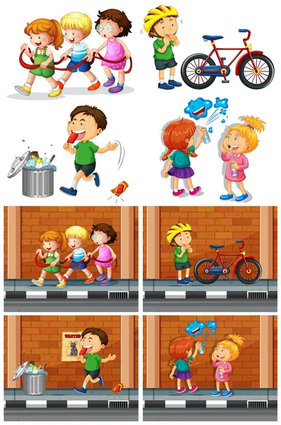 Children playing with friends on the road — Stock Vector