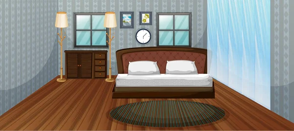 Escena del dormitorio con cama de madera — Vector de stock