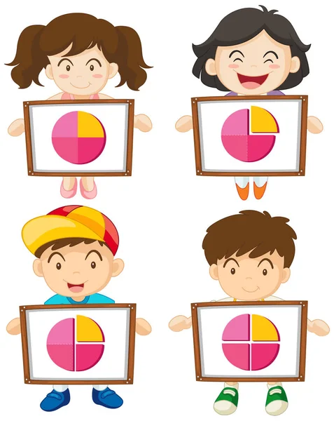 Quattro bambini in possesso di segno con piecharts — Vettoriale Stock