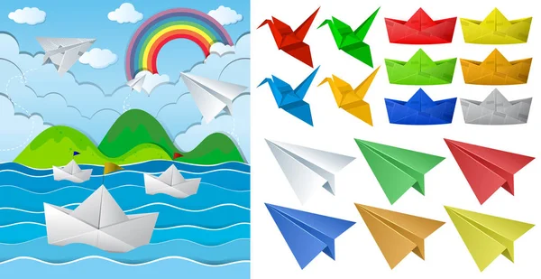 Oceano scne e origami de papel em diferentes objetos —  Vetores de Stock
