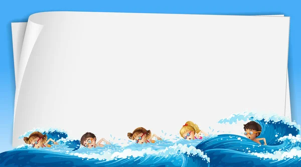 Plantilla de papel con niños nadando en el océano — Vector de stock