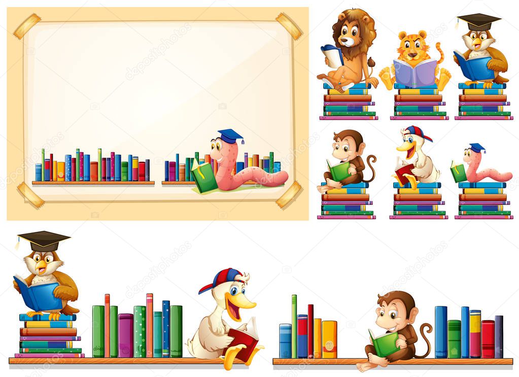 Paper frame and many animals reading books