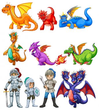 Many dragons and knights on white background clipart