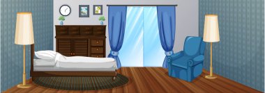 Ahşap mobilya ve mavi koltuk yatak odası