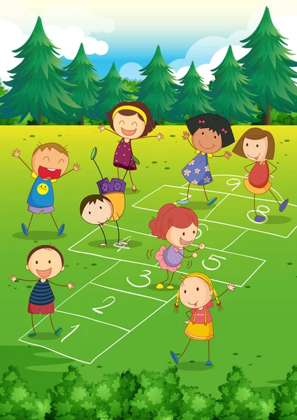 Crianças brincando de hopscotch no parque — Vetor de Stock