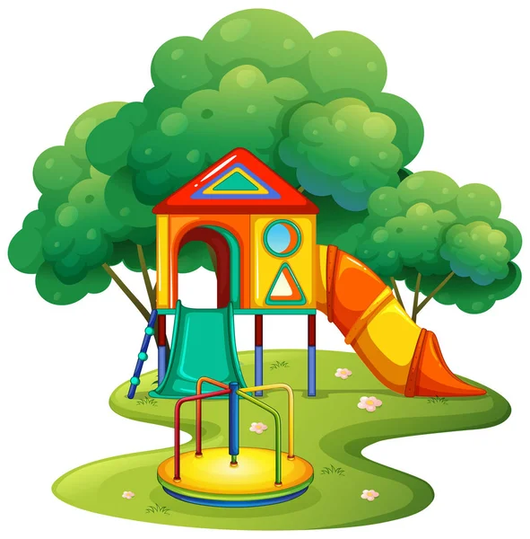 Parque infantil con tobogán y rotonda — Vector de stock