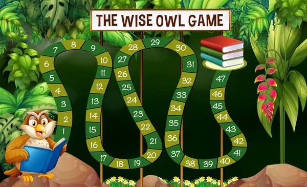 Modèle de jeu avec livre de lecture de hibou dans la jungle — Image vectorielle