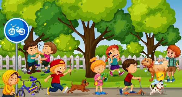 Escena del parque con niños jugando y luchando — Vector de stock