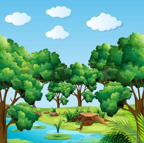 Лесная сцена с большим количеством деревьев и реки — стоковый вектор