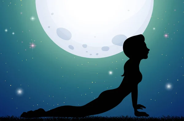 Mulher silhueta fazendo ioga à noite — Vetor de Stock