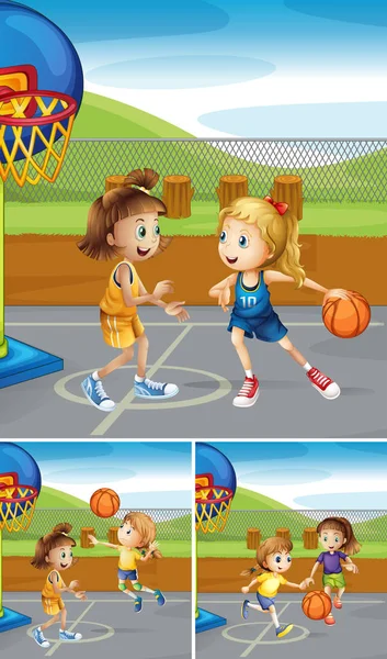 Σκηνές με κορίτσια που παίζουν μπάσκετ στα γήπεδα — Διανυσματικό Αρχείο